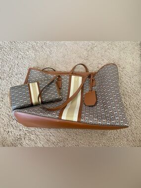 Tory Burch Brown and Cream Stripe Canvas Tote & matching wallet